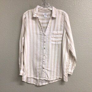 Sigrid Olsen Collared 100% Linen Tunic Beige White Stripe Size Large Blouse